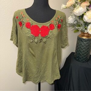Rebecca Malone Olive Red Floral Embroidered Tee Top Plus 1X